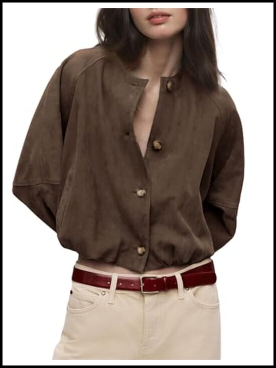 Jackets & Blazers - Faux Suede Cropped Jacket Vintage Button Front Round Neck Short Jacket